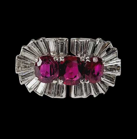 Vintage 1940s Ruby and Baguette Diamond Cocktail Ring
