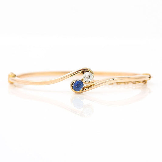 Edwardian Antique Sapphire Diamond 15ct Gold Bangle Bracelet