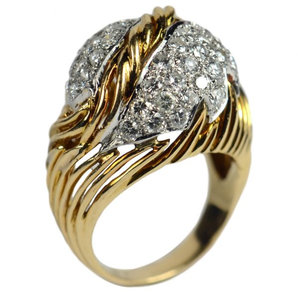 Vintage 1950s Diamond and 18ct Yellow Gold Leaf Design Bombe Ring