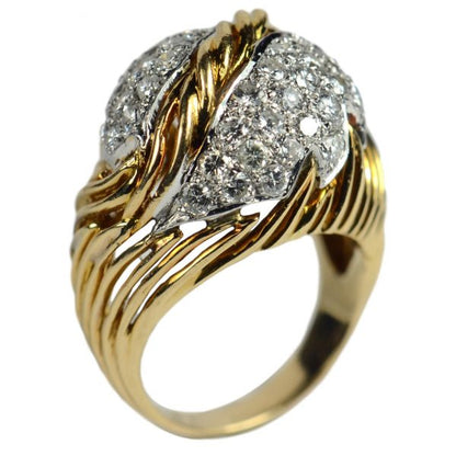 Vintage 1950s Diamond and 18ct Yellow Gold Leaf Design Bombe Ring