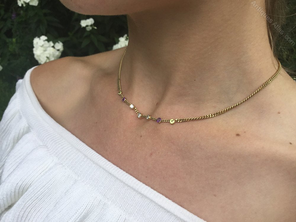 Vintage Suffragette colour gemstone necklace 18ct gold chain