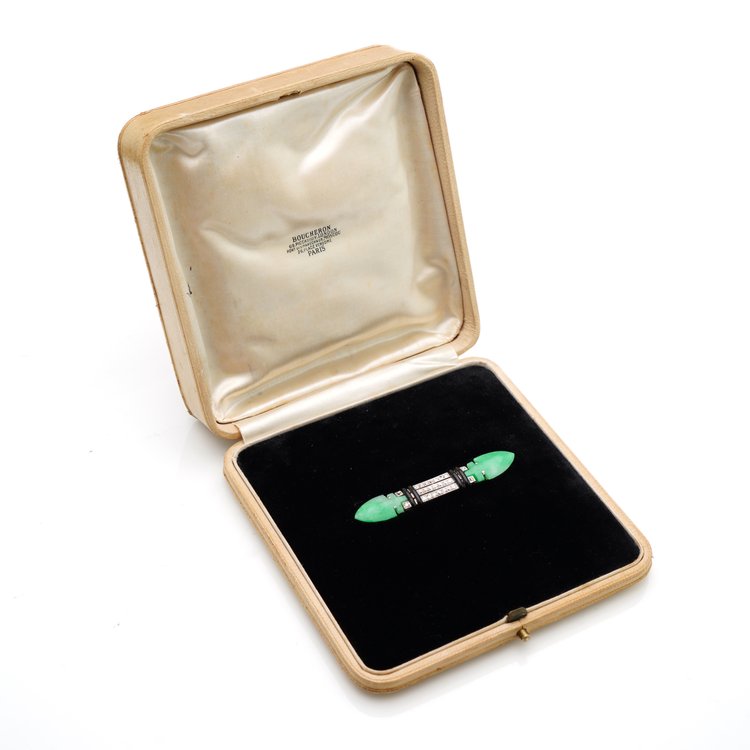 Boucheron Art Deco Platinum Brooch with Jade Onyx and Diamonds