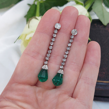 Cabochon Emerald Bead and Diamond Drop Earrings, 10.39 carat total