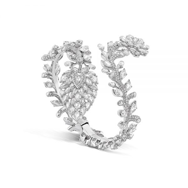 Rose Cut Diamond Floral Cluster Bangle Bracelet, 15.07 carats