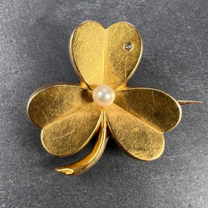 French Natural Pearl and 18ct Yellow Gold Clover Pendant come Brooch