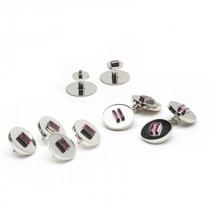 Cartier Vintage Ruby and Platinum Dress Set; comprising a pair of cufflinks, four buttons and two studs, in original fitted case, Signed and numbered, Circa 1950