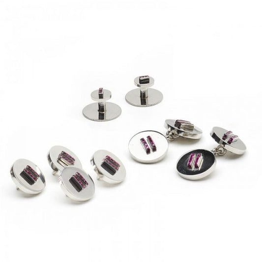 Cartier Vintage Ruby and Platinum Dress Set; comprising a pair of cufflinks, four buttons and two studs, in original fitted case, Signed and numbered, Circa 1950