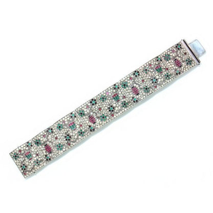 Art Deco Silver Panel Bracelet with Rubies, Emeralds, Sapphires and Paste