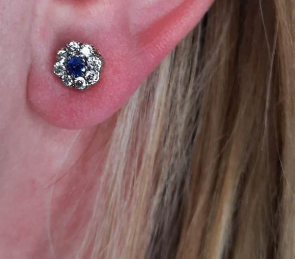 Sapphire and Diamond Cluster Stud Earrings