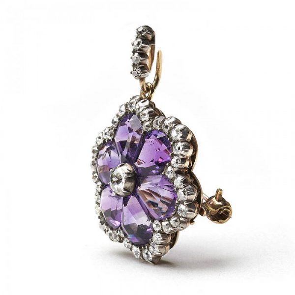 Antique Victorian Amethyst Diamond Flower Pendant Brooch