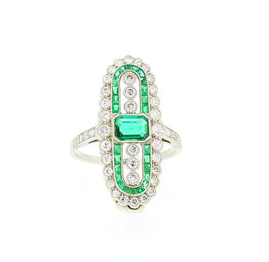 Art Deco Style Emerald and Diamond Dress Ring, Platinum