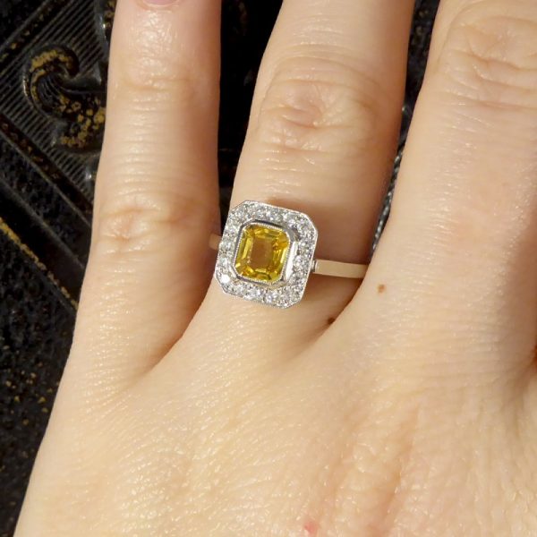 1.00ct Asscher Cut Yellow Sapphire and Diamond Cluster Ring