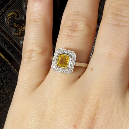 1.00ct Asscher Cut Yellow Sapphire and Diamond Cluster Ring