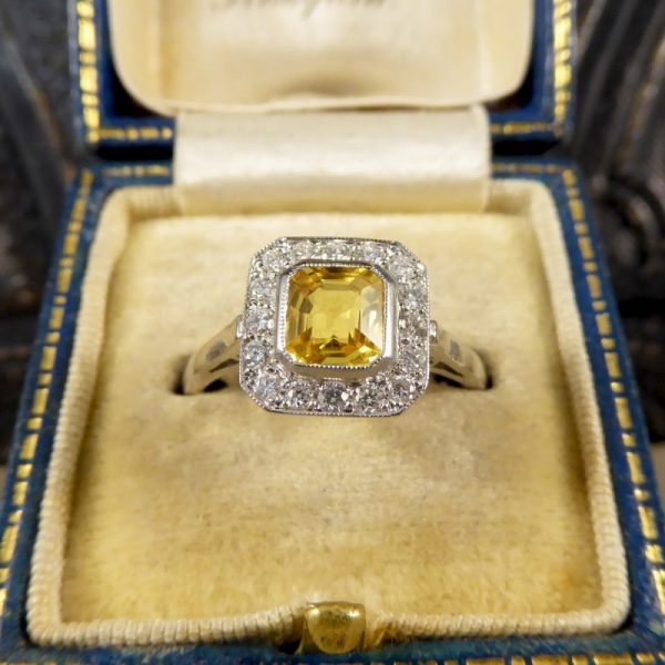 1.00ct Asscher Cut Yellow Sapphire and Diamond Cluster Ring