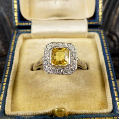 1.00ct Asscher Cut Yellow Sapphire and Diamond Cluster Ring