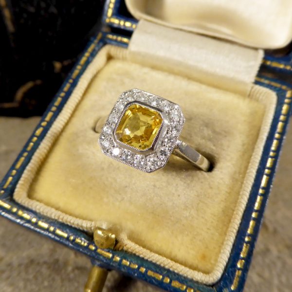 1.00ct Asscher Cut Yellow Sapphire and Diamond Cluster Ring