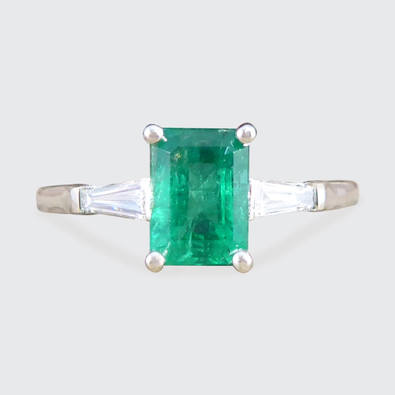 1.03ct Emerald Ring with Tapered Baguette Cut Diamond Shoulders