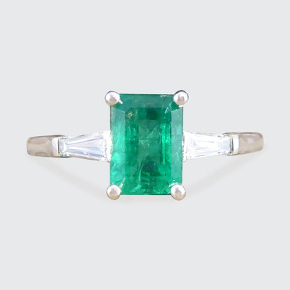 1.03ct Emerald Ring with Tapered Baguette Cut Diamond Shoulders