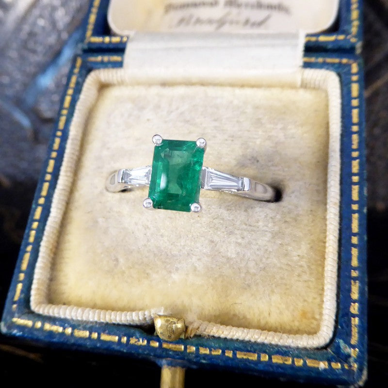 1.03ct Emerald Ring with Tapered Baguette Cut Diamond Shoulders