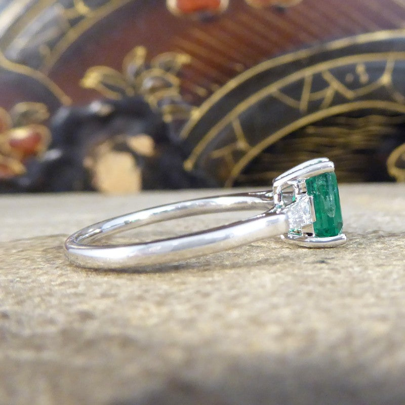 1.03ct Emerald Ring with Tapered Baguette Cut Diamond Shoulders