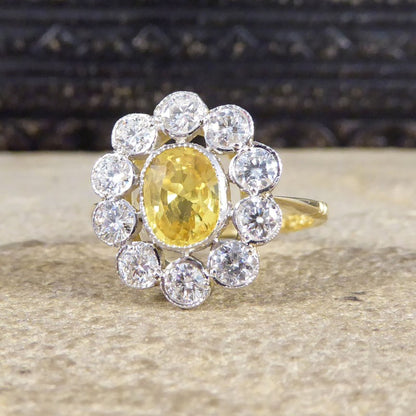 1.15ct Yellow Sapphire and 0.90ct Diamond Cluster Ring