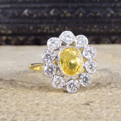 1.15ct Yellow Sapphire and 0.90ct Diamond Cluster Ring