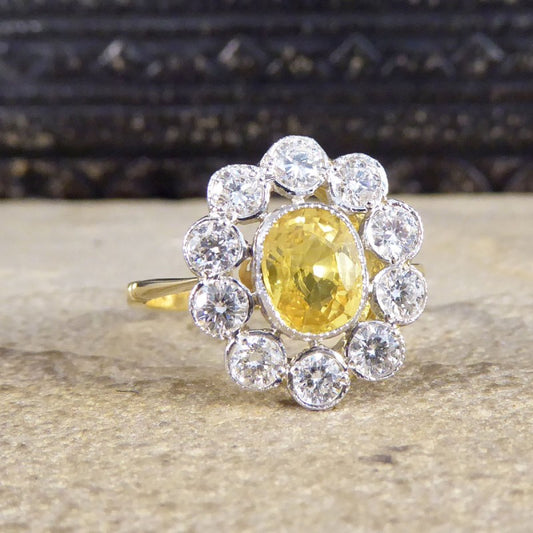 1.15ct Yellow Sapphire and 0.90ct Diamond Cluster Ring