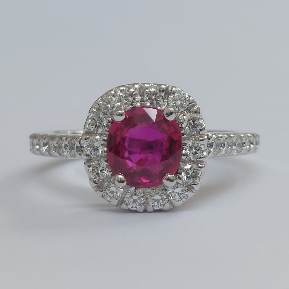 Vintage 1.20ct Ruby and Diamond Halo Cluster Engagement Ring