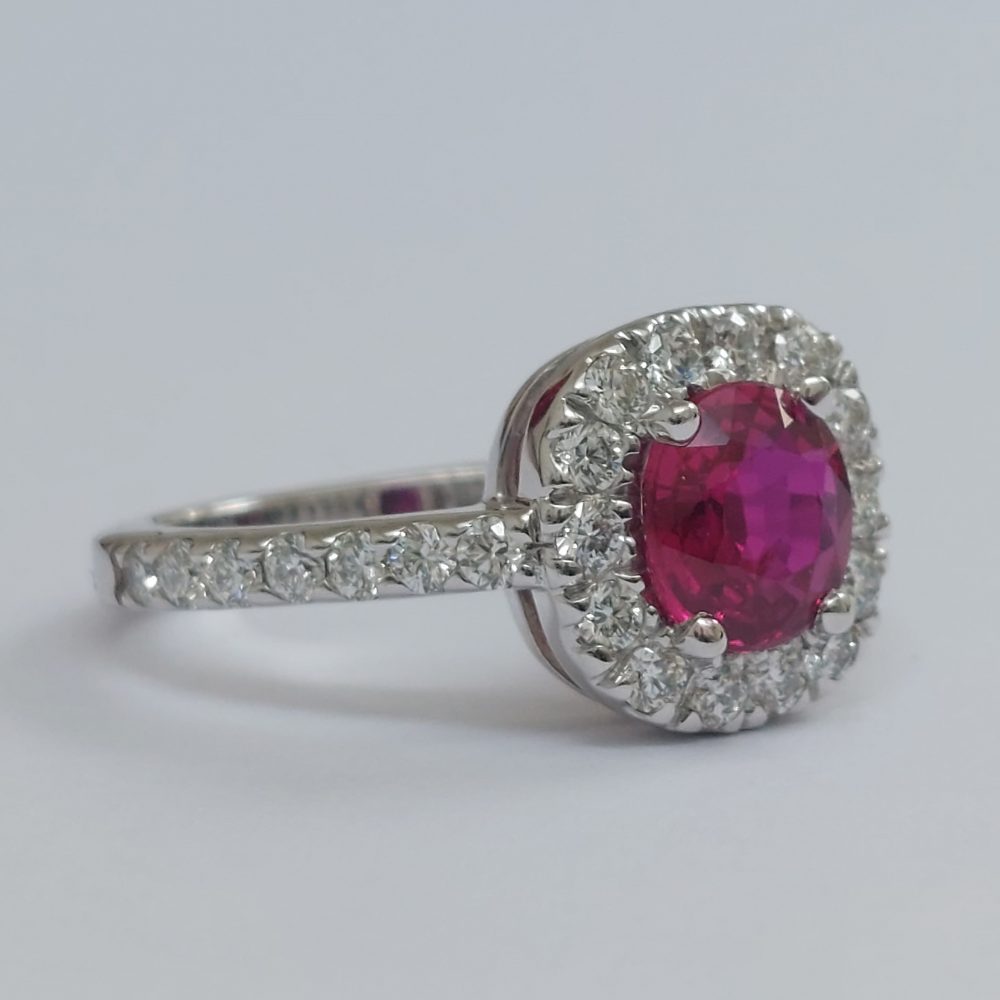 Vintage 1.20ct Ruby and Diamond Halo Cluster Engagement Ring
