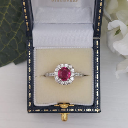 Vintage 1.20ct Ruby and Diamond Halo Cluster Engagement Ring