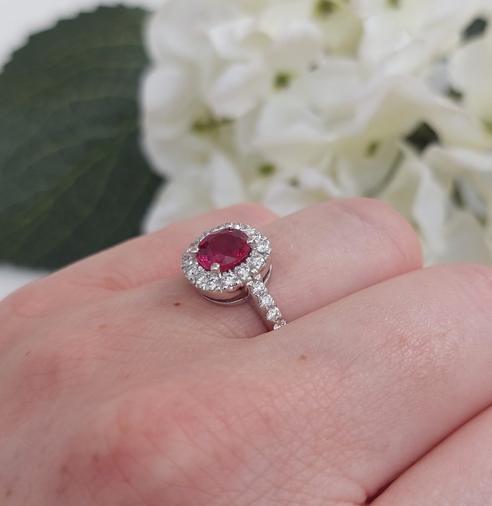 Vintage 1.20ct Ruby and Diamond Halo Cluster Engagement Ring