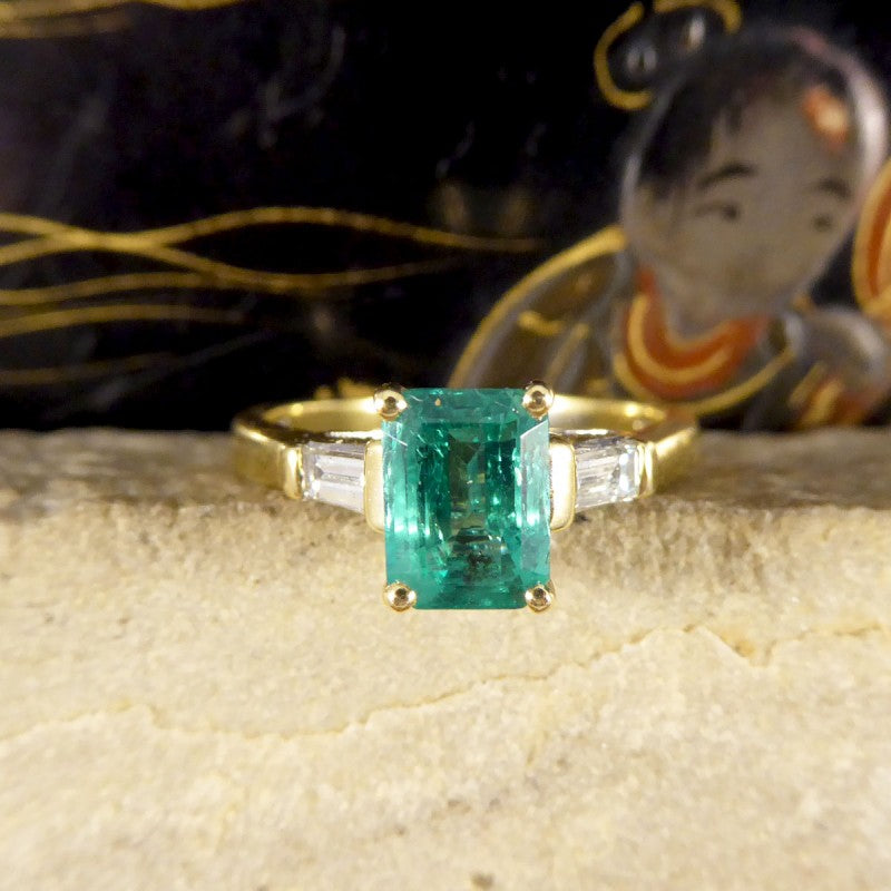 1.26ct Emerald Ring with Baguette Cut Diamond Shoulders
