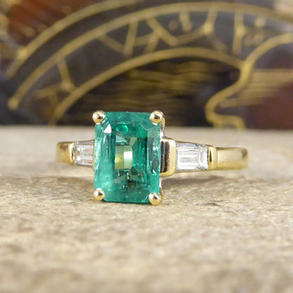 1.26ct Emerald Ring with Baguette Cut Diamond Shoulders