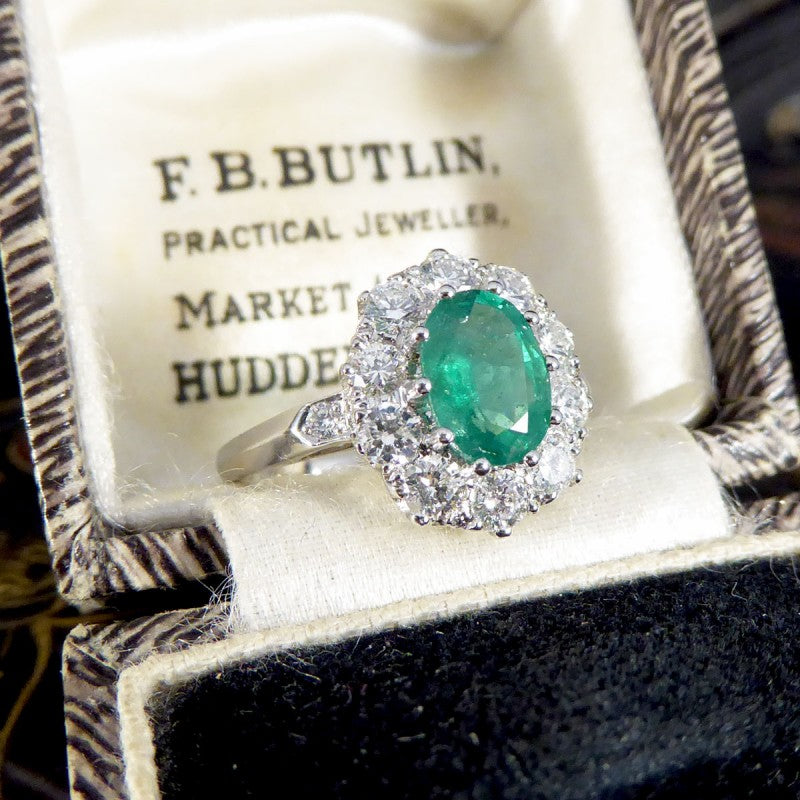 1.30ct Emerald and Diamond Cluster Ring in Platinum