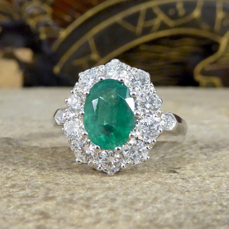 1.30ct Emerald and Diamond Cluster Ring in Platinum