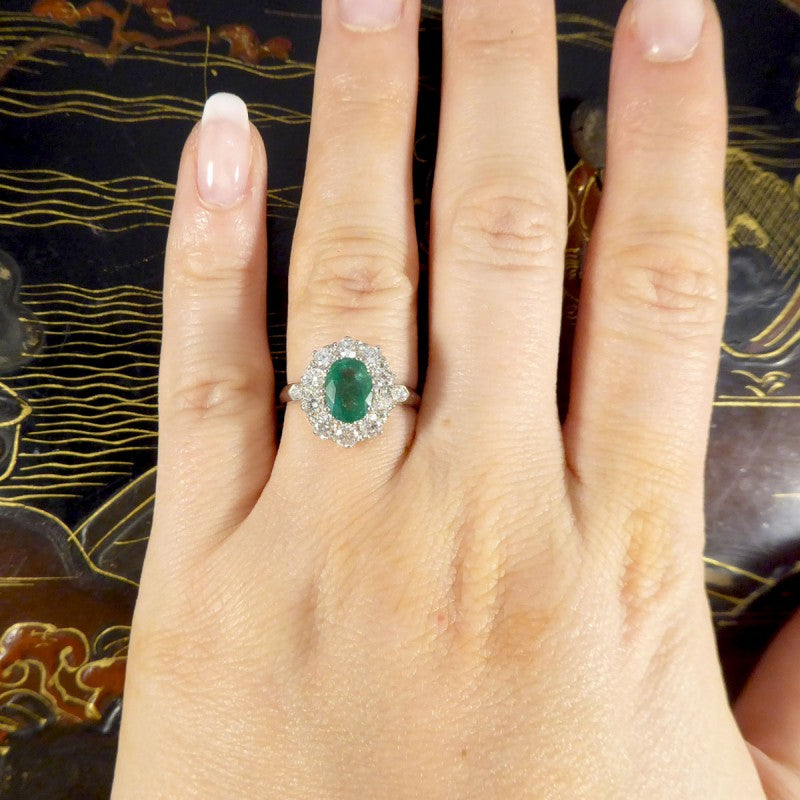 1.30ct Emerald and Diamond Cluster Ring in Platinum