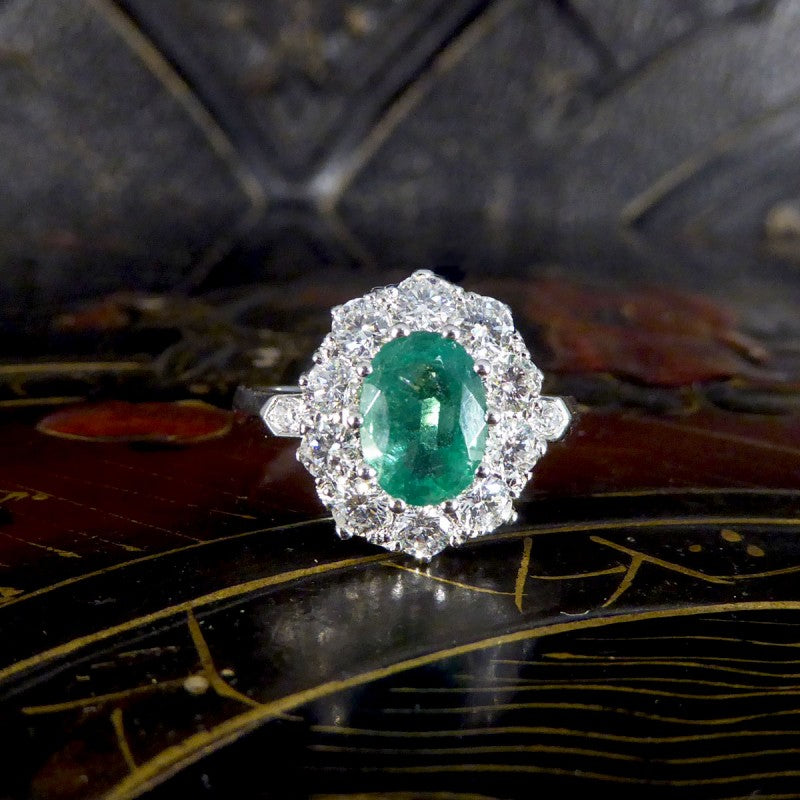 1.30ct Emerald and Diamond Cluster Ring in Platinum