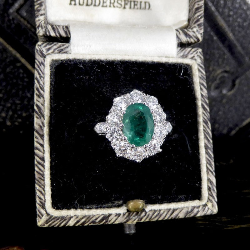 1.30ct Emerald and Diamond Cluster Ring in Platinum