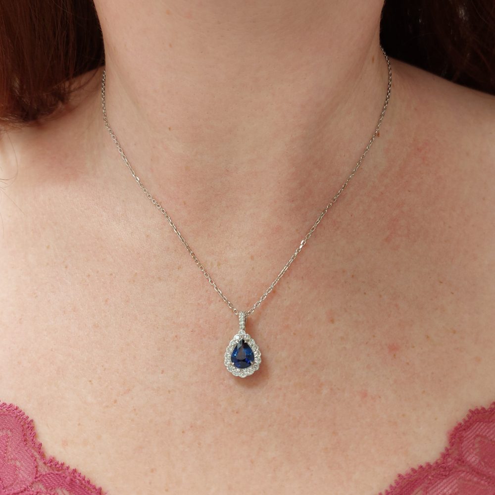 1.31ct Pear Cut Sapphire and Diamond Cluster Pendant