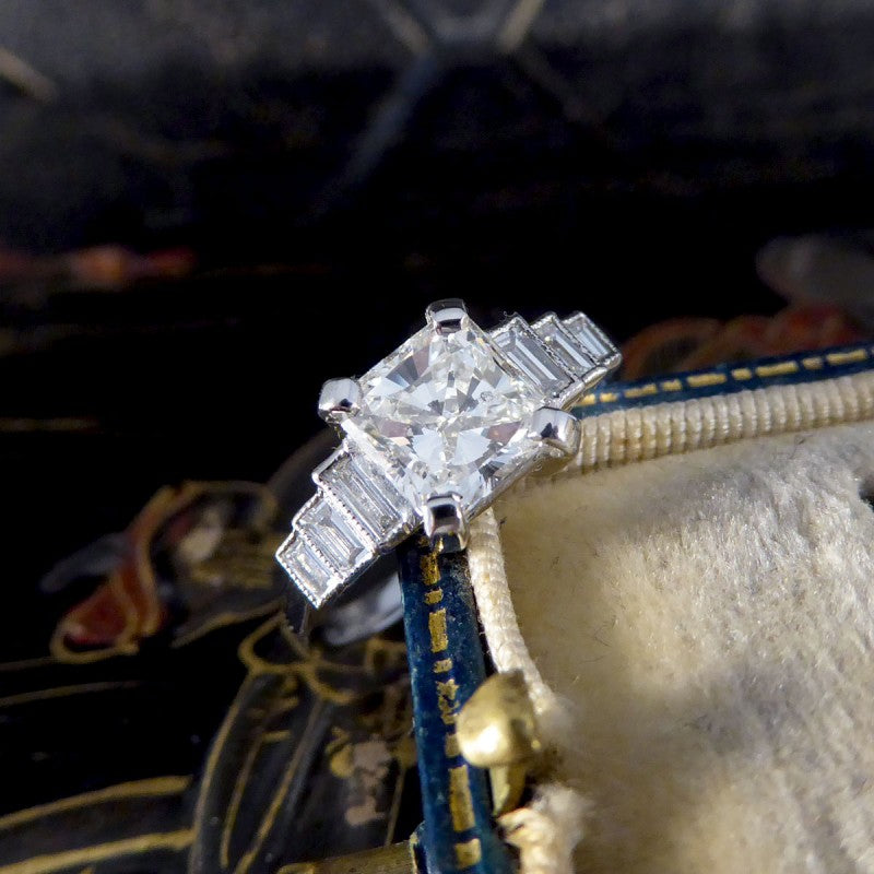 1.37ct Radiant Cut Diamond Ring with Baguette Cut Shoulders