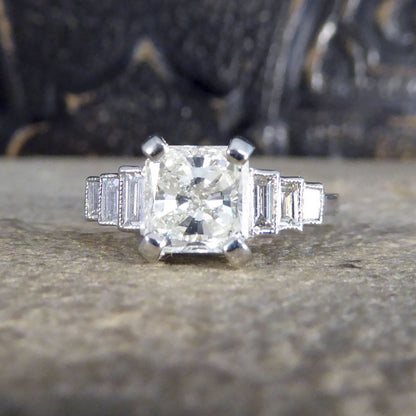 1.37ct Radiant Cut Diamond Ring with Baguette Cut Shoulders