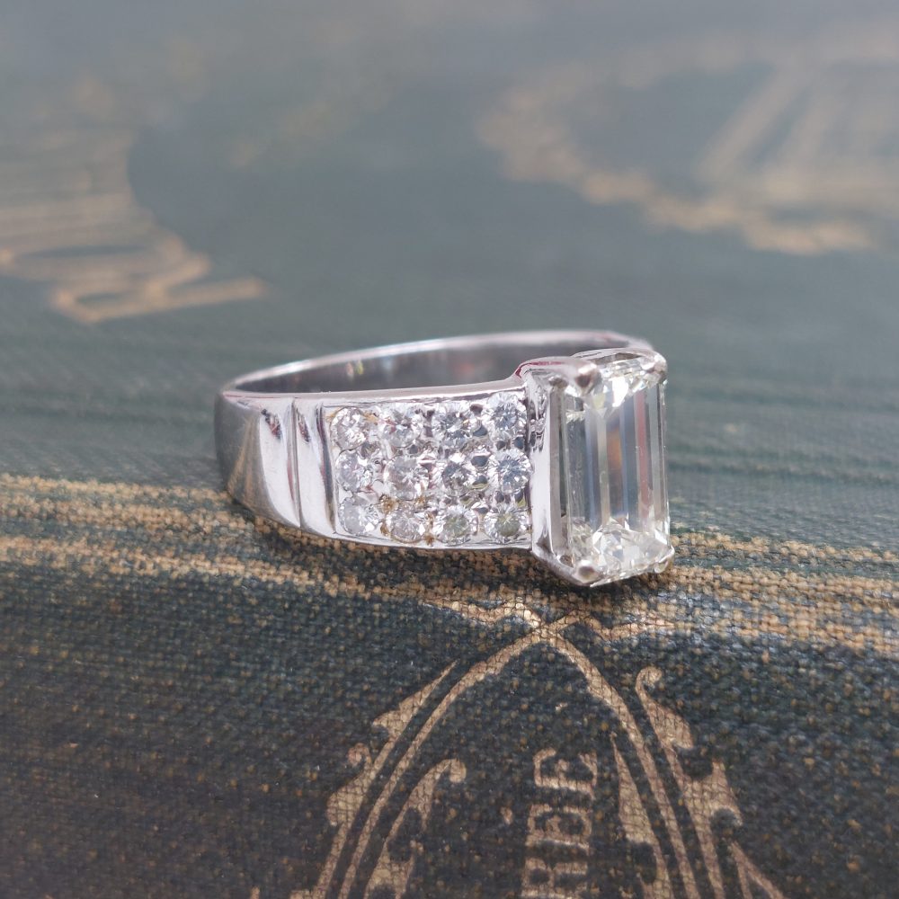 1.40ct Emerald Cut Diamond Ring with Pavé Diamond Shoulders