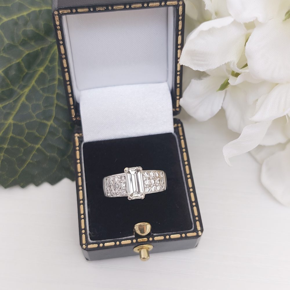 1.40ct Emerald Cut Diamond Ring with Pavé Diamond Shoulders