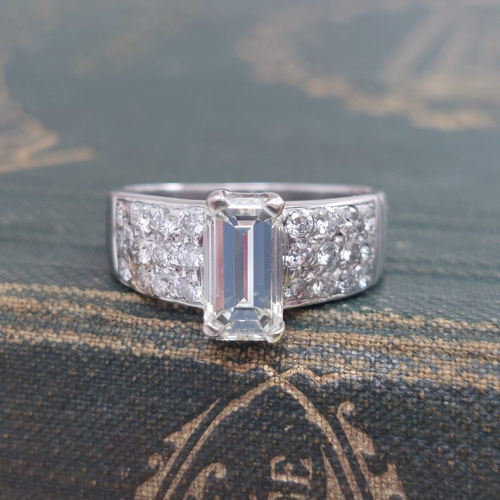 1.40ct Emerald Cut Diamond Ring with Pavé Diamond Shoulders