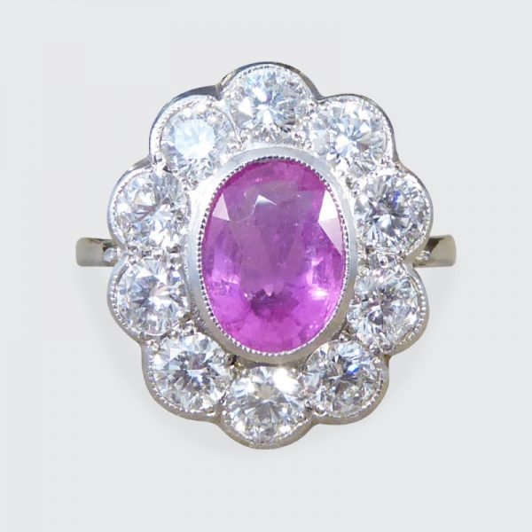 1.40ct Pink Sapphire and Diamond Oval Cluster Platinum Ring