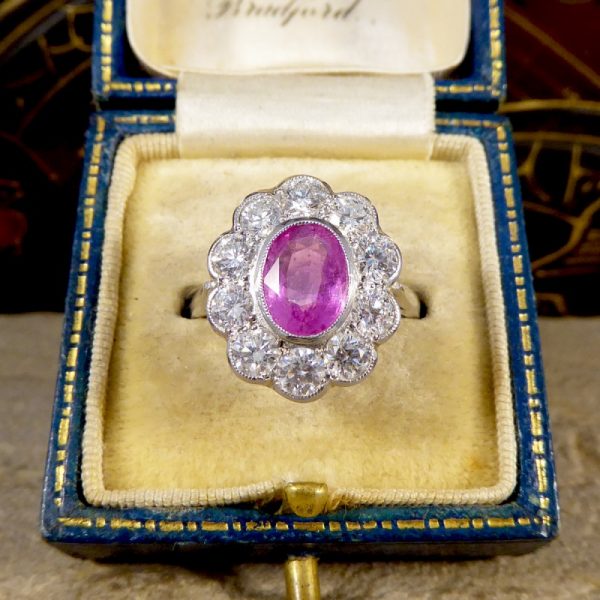 1.40ct Pink Sapphire and Diamond Oval Cluster Platinum Ring