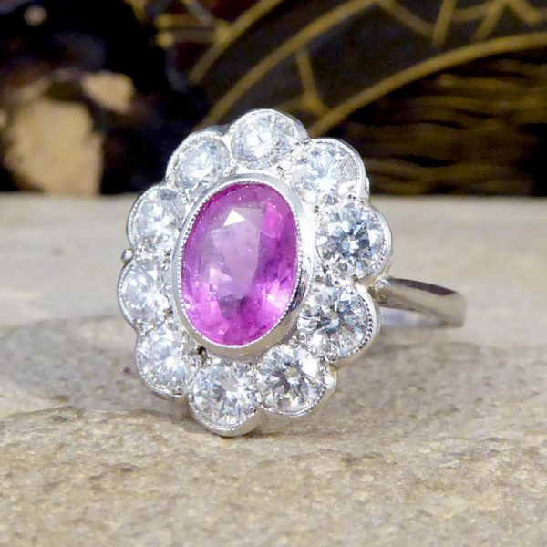 1.40ct Pink Sapphire and Diamond Oval Cluster Platinum Ring