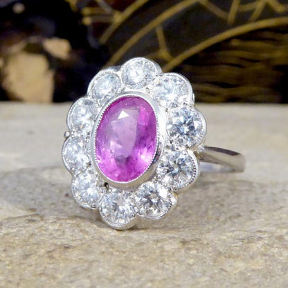 1.40ct Pink Sapphire and Diamond Oval Cluster Platinum Ring
