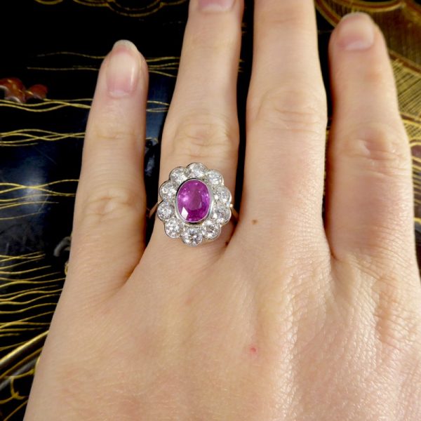 1.40ct Pink Sapphire and Diamond Oval Cluster Platinum Ring