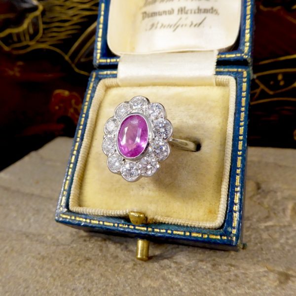1.40ct Pink Sapphire and Diamond Oval Cluster Platinum Ring